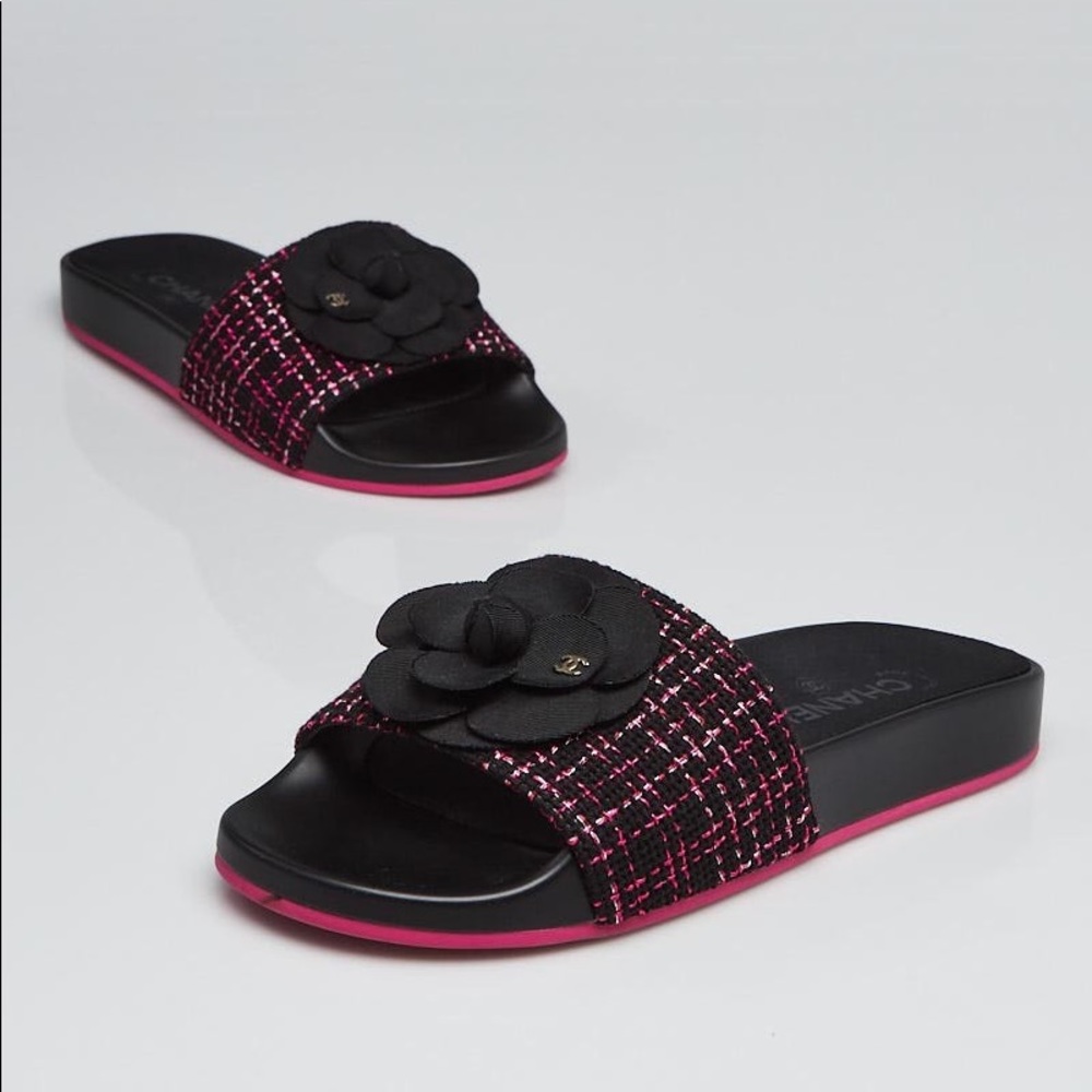 CHANEL Tweed Camellia Flat Slides
